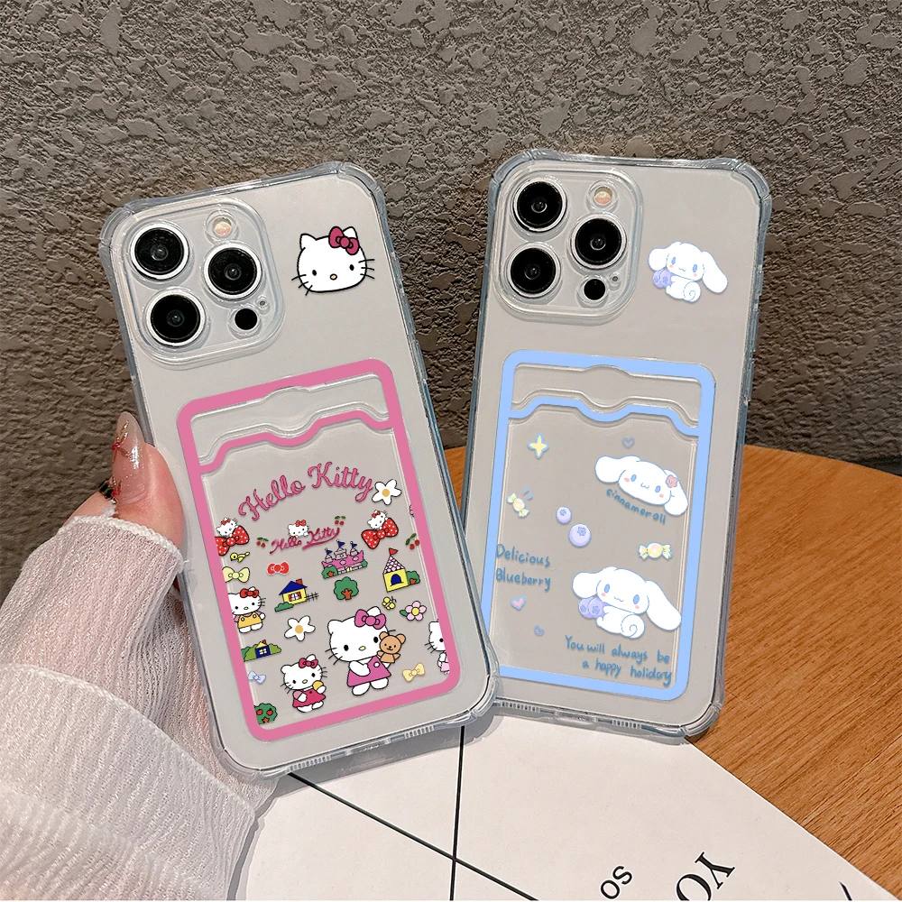 Cute cinnamoroll hello kitty Card Hold Case For iPhone 15 14 13 12 11 Mini Pro Max X XR XSMax 6 7 8 Plus Anti-fall Clear Cover