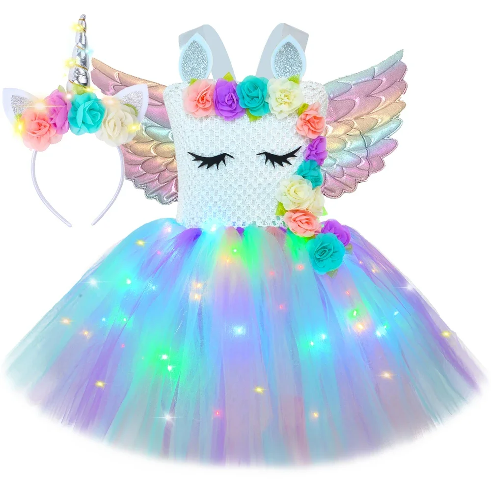 

Flower Girls Unicorn Tutu Dress LED Light Up Children Birthday Party Tulle Princess Dresses Clothes Halloween Costume for Kids