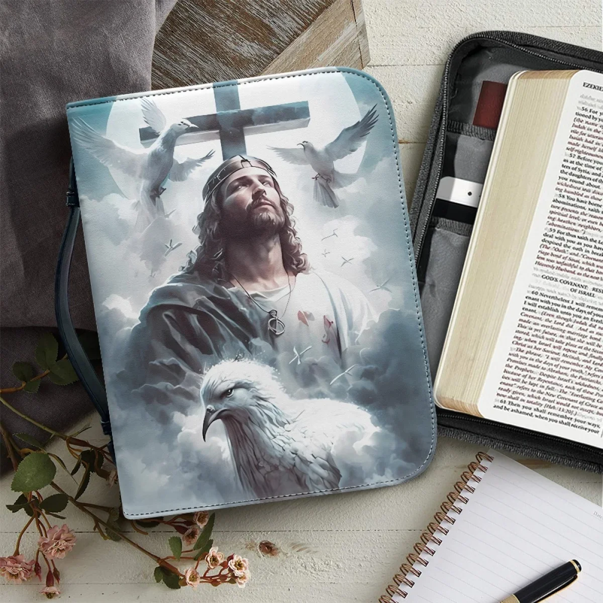 

God Jesus Pattern Bible Bag PU Leather Bible Storage Bag Handbag For Women Study Book Holy Storage Boxes Zippered Christian Bag