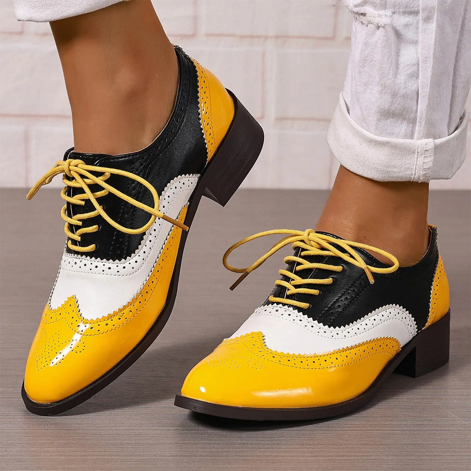 

2026 New Casual Low Heels Oxfords Loafers Shoes Flats Color Blocking Lace Up Comfortable Party Office Oxfords Shoes Plus Size 43