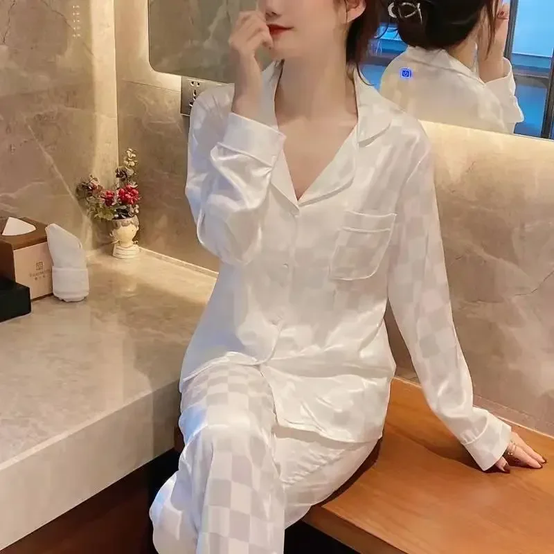 New Imitation Silk Lapel Long-sleeved Spring and Autumn Pajamas Women's Summer Ice Silk Plaid Loungewear Set Women's Pajamas