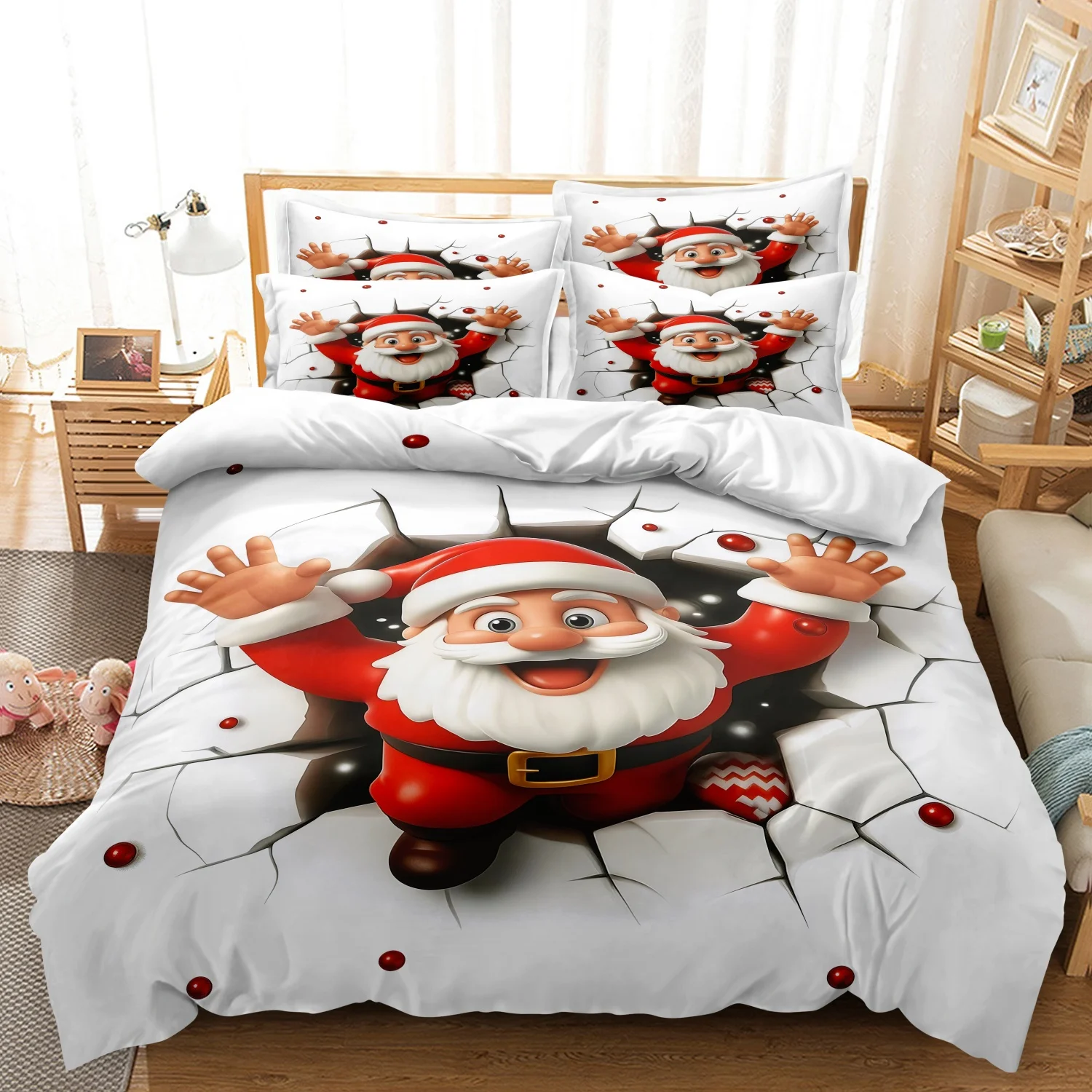 3Pcs Christmas Santa Claus Duvet Cover Set, Funny Break Through Wall Santa Print Bedding, Soft Microfiber Holiday Bedroom Decor