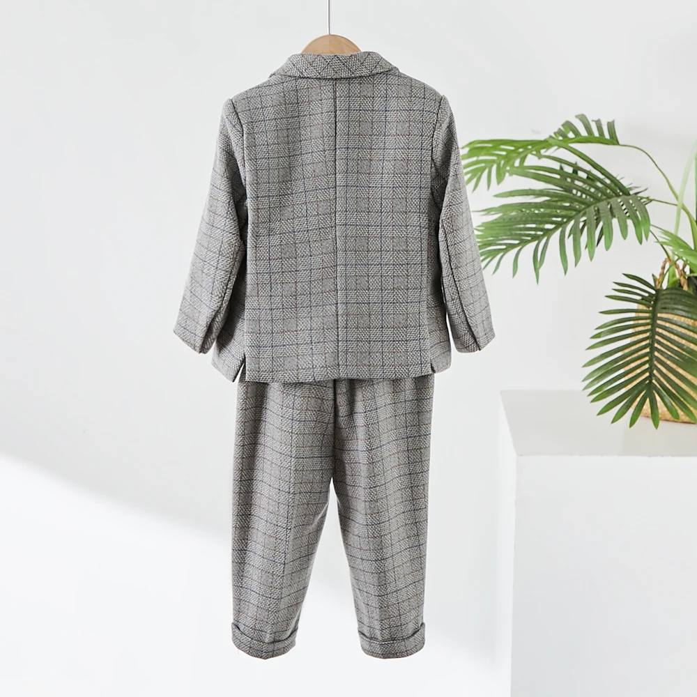 Baby photography clothes Tweed Suit Set Baby Elegant Clothing Set Gray Plaid Boy's 3 Pce Suit Slim Children Wedding Luxury Dress