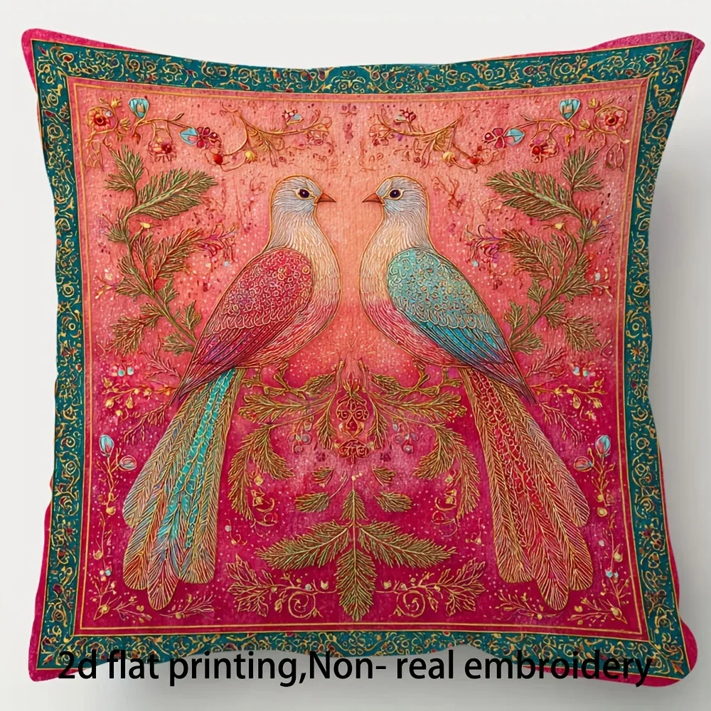 1pc Vintage Style Cushion Cover Pink Red Bird Floral Print Pillowcase For Sofa Bed Home Decor Throw Case 2d Flat Printing Non Em
