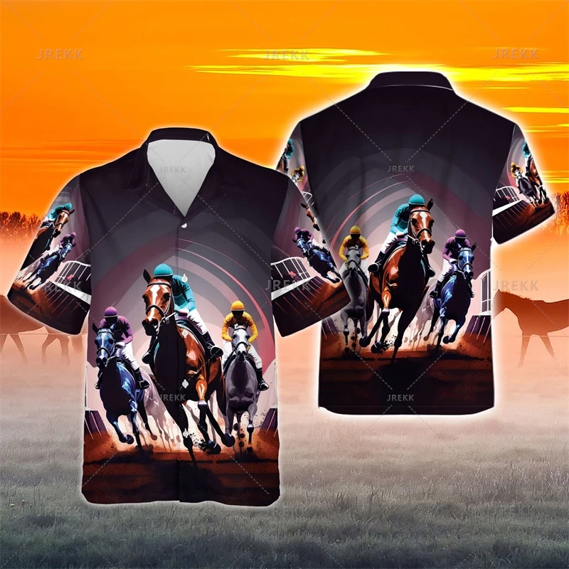 Vintage 3D American West Cowboy masculino impressão camisas havaianas, moda Streetwear, HorseRacing Lapel Blusa Tops