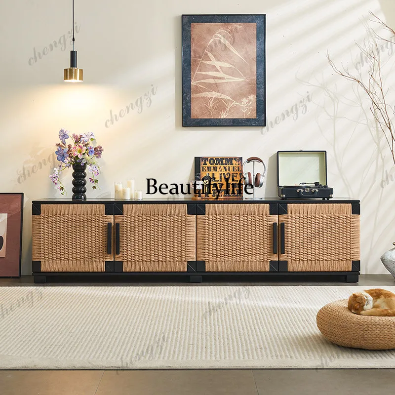 

Solid wood rattan locker retro living room Japanese porch dining side cabinet TV cabinet