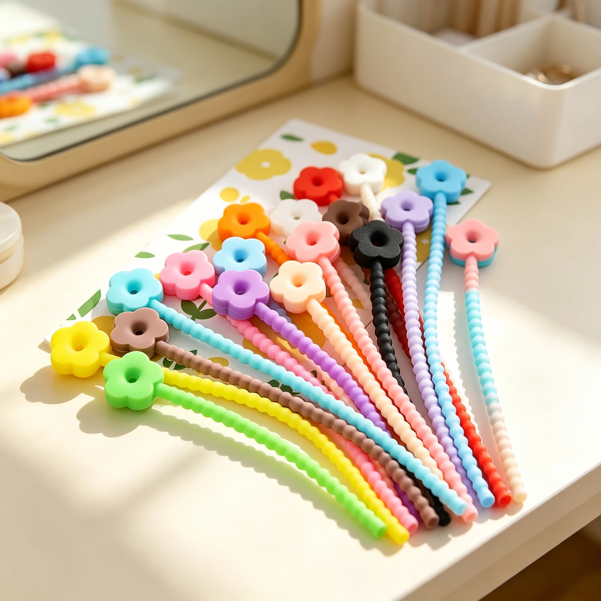 12pcs Cute Flower TPR Silicone Lanyard Straps, Adjustable Reusable Tadpole Shape Cable Ties, DIY Handmade Doll Bag Jewelry