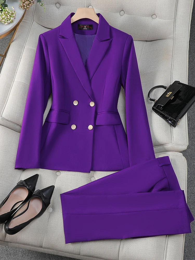 Blazer jaqueta e calças conjunto para mulheres, calça formal, desgaste do trabalho do negócio feminino, cinza e roxo, senhoras do escritório, moda,