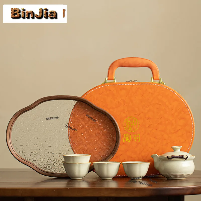 BAEJORIA Ru Kiln Handmade Hand-grasp Pot Set Portable Travel Tea Set With Plate Vintage 1 Pot 4 Cups Tea Maker Stock Bags Gifts