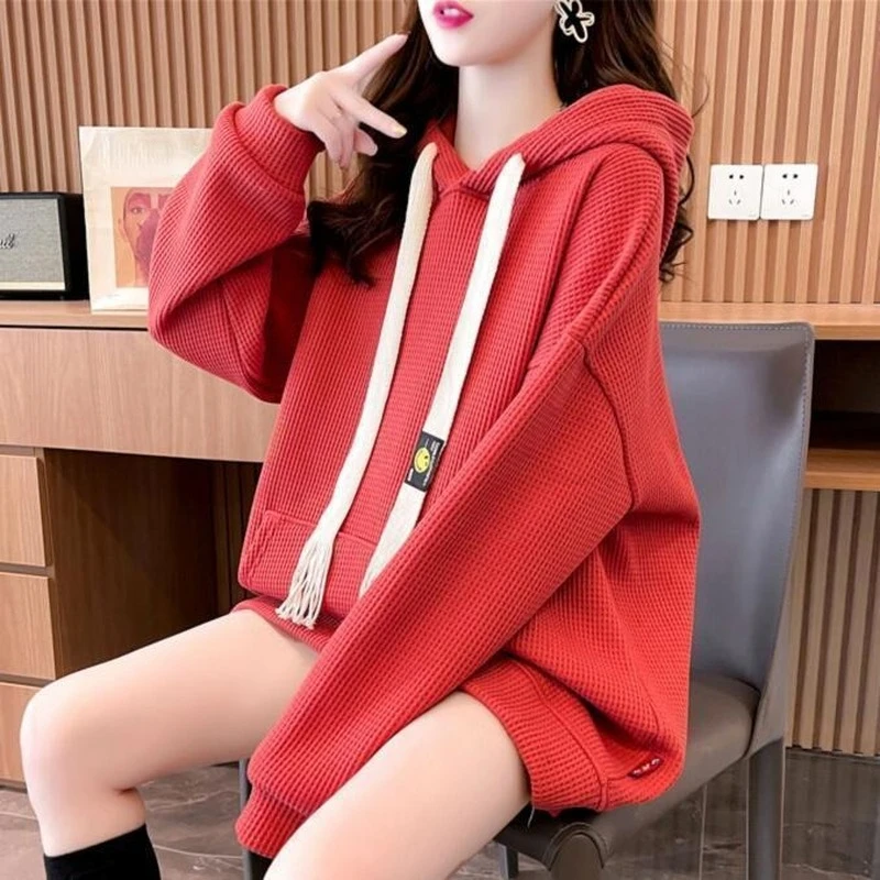 Hoodies Plain Long Hooded Top Yellow Women\'s Sweatshirt Red Warm Korean Fashion Y 2k Vintage Y2k Trend Matching E Woman Clothing