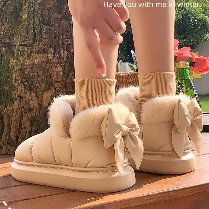Home Slipper Men Bow Knot Winter Warm Plush Indoor Fuzzy Floor House Shoe Women Male Cotton Female Fur Fluffy Waterproof Sneaker