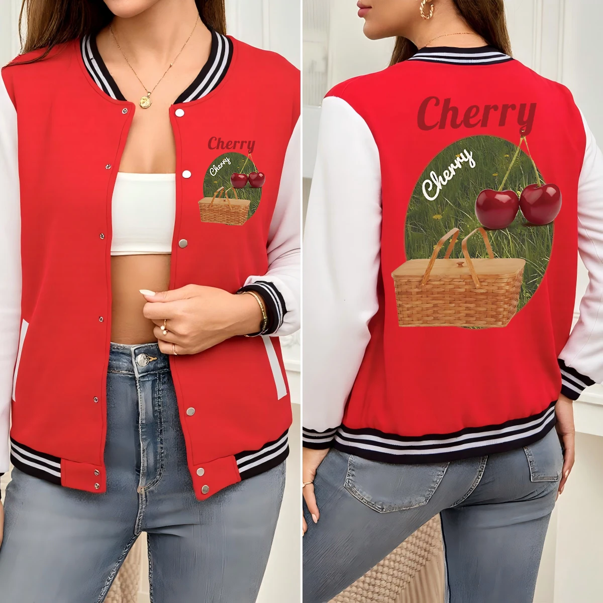 

Picnic Cherry Fruit Printing Jackets Woman Fashion Button Baseball Uniform Colorful American Clothes Hip Hop Cotton Streetwear