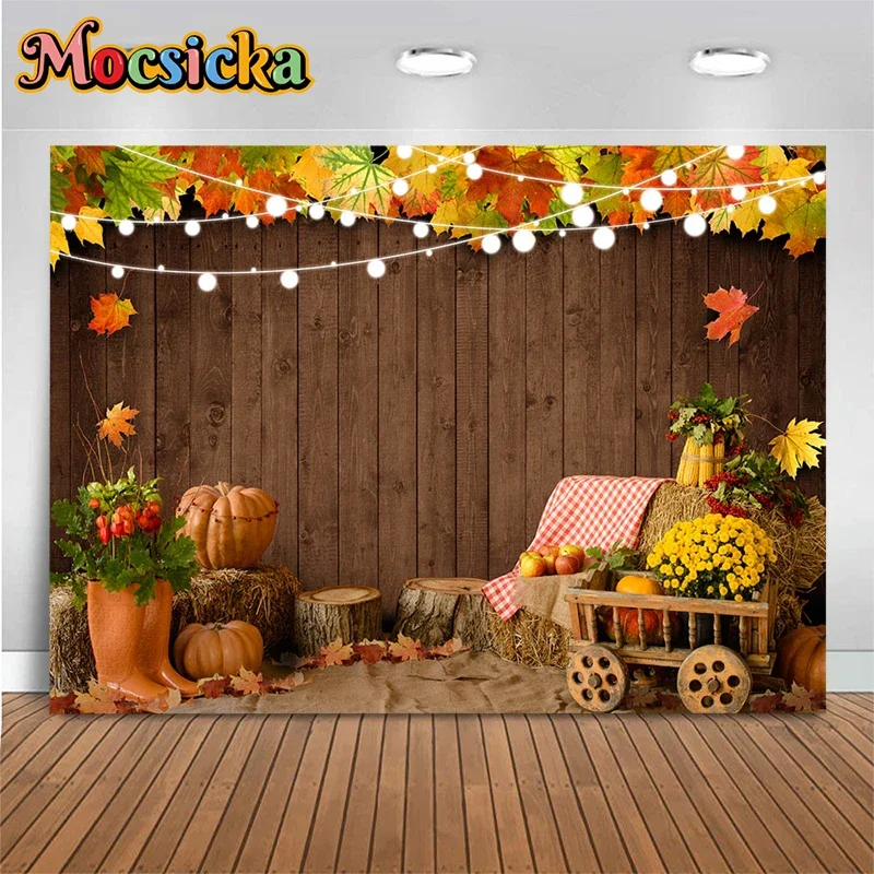 

Mocsicka Autumn Party Celebrate Vintage Wooden Wall Tree Stump Pumpkin Fallen Leaves Lanterns Poster Backdrops Studio Photobooth