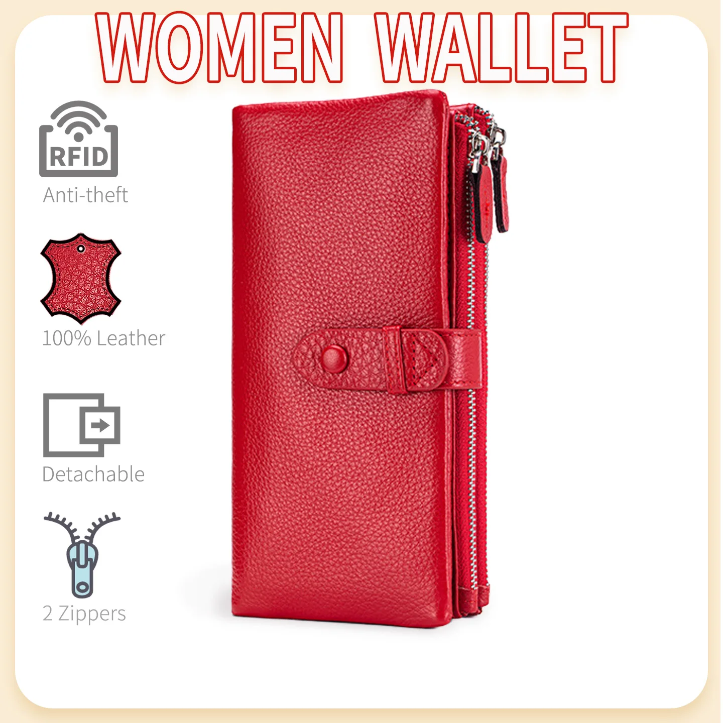 Women's Hasp Genuine Leather Snap-Fastener Wallet Luxury Brand Design Ladies detachable Card Woman Long Red Big Capacity Clutch