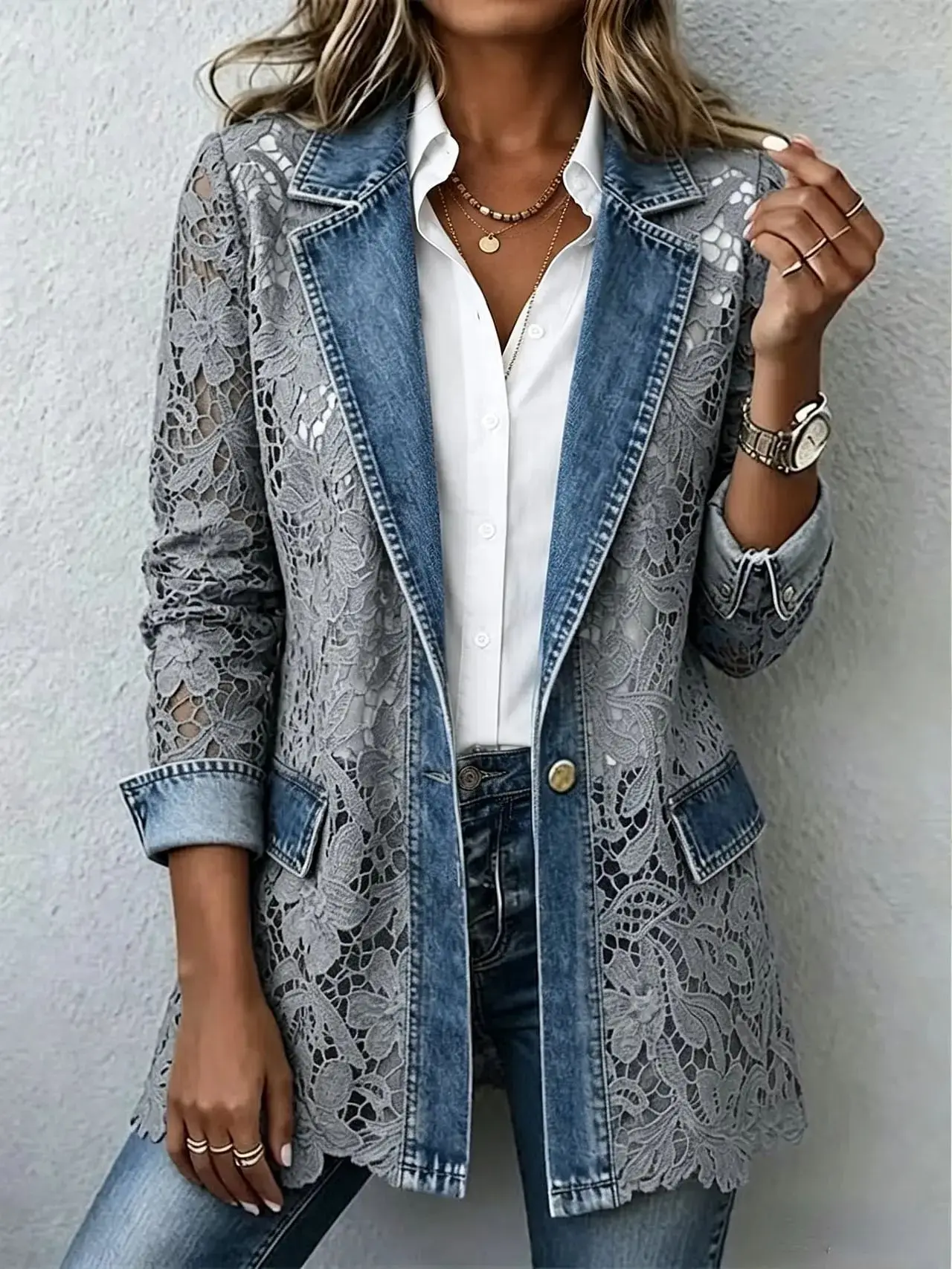 Damen Casual Patchwork-Jeansjacke mit Umlegekragen, Langarm-Spitzenhemd, Neuer Stil für Damen – Detail 8
