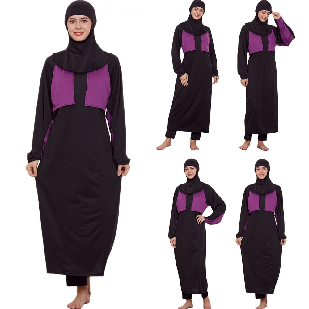 Set 3 pezzi costumi da bagno musulmani donna Stretch copertura completa vestiti islamici Hijab maniche lunghe costume da bagno sportivo Burkinis costume da bagno