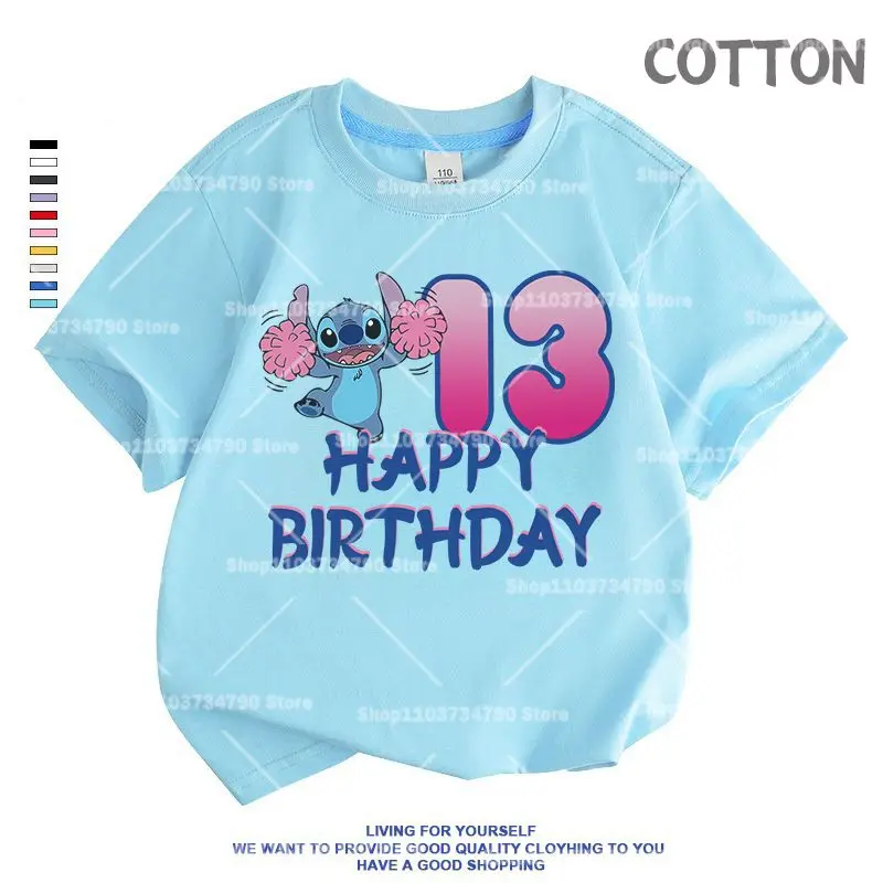 Blue Anime Lilo Stitch Children Birthday Number 1-14 T Shirt Tops Tee Kid Boy Girl lovely Casual Clothes Cartoons Kids T-shirts