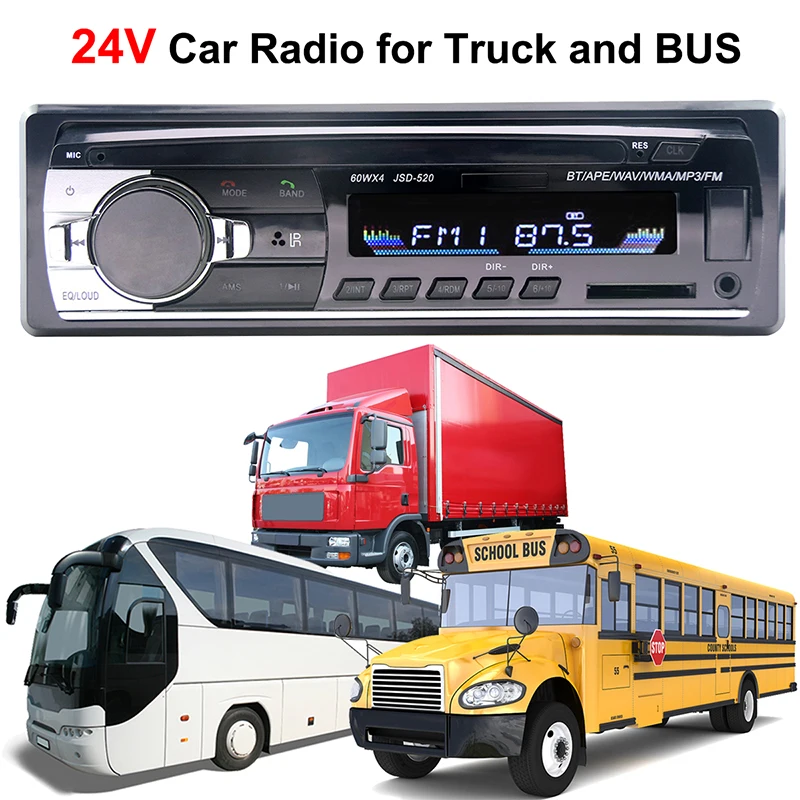 Portable 24V Digital Car MP3 Player 60Wx4 FM Radio Stereo Audio USB/SD Support bluetooth-compatible MP3/WMA Volume Control Clock