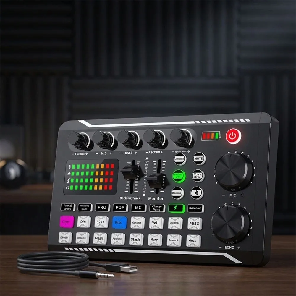 F998 Sound Card Microphone Mixer Audio Mixing Console DJ Equipment Adjustable High/Mid/Low Frequencies 12-step Electronic Tuning