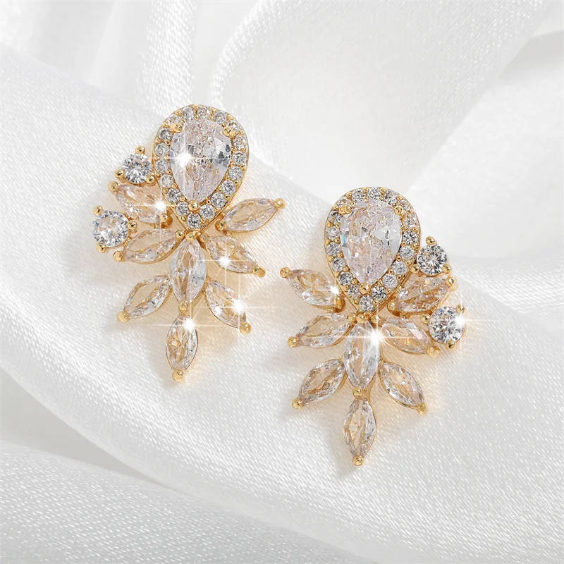 ZAKOL Fashion Water Drop Marquise Zirconia Earrings for Women Shinny Crystal Leaf Earring Bridal Gold Color Wedding Jewelry