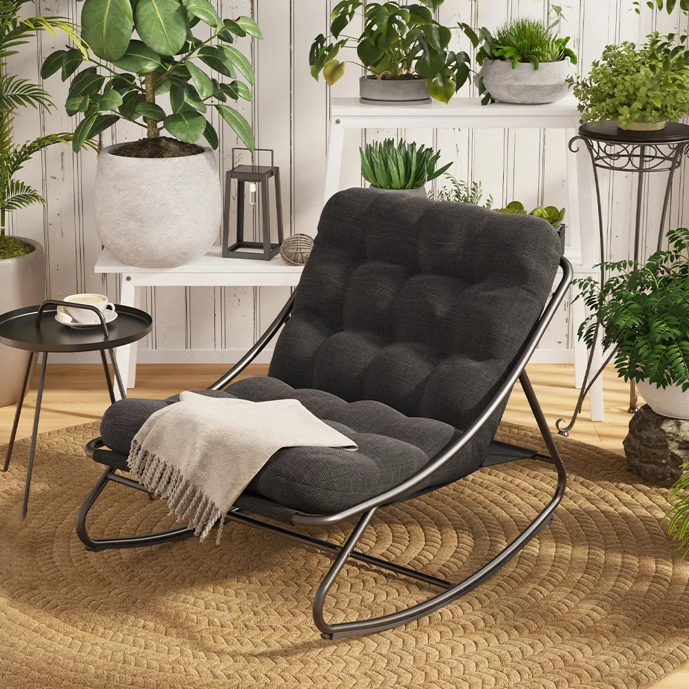 Outdoor Rocking Chair, Padded Cushion Recliner Rocker for Front Porch Sunroom Patio Backyard