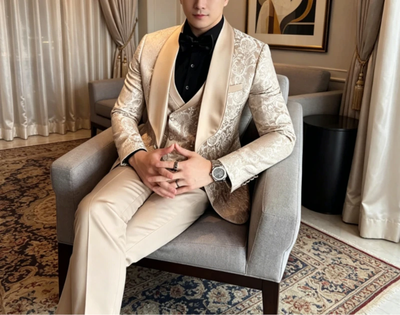 

New 3 Pieces Champagne Jacquard Men's Suit Formal Shawl Lapel Slim Fit Groom Tuxedos Best Man Blazer Set For Wedding Party Prom