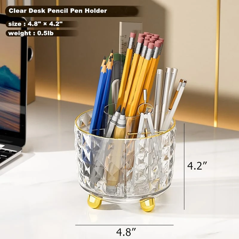 Pencil Holder For Desk, Pen Holder, 360°Rotating Desk Organizers With Dust Cover For Desk, Office, School Clear