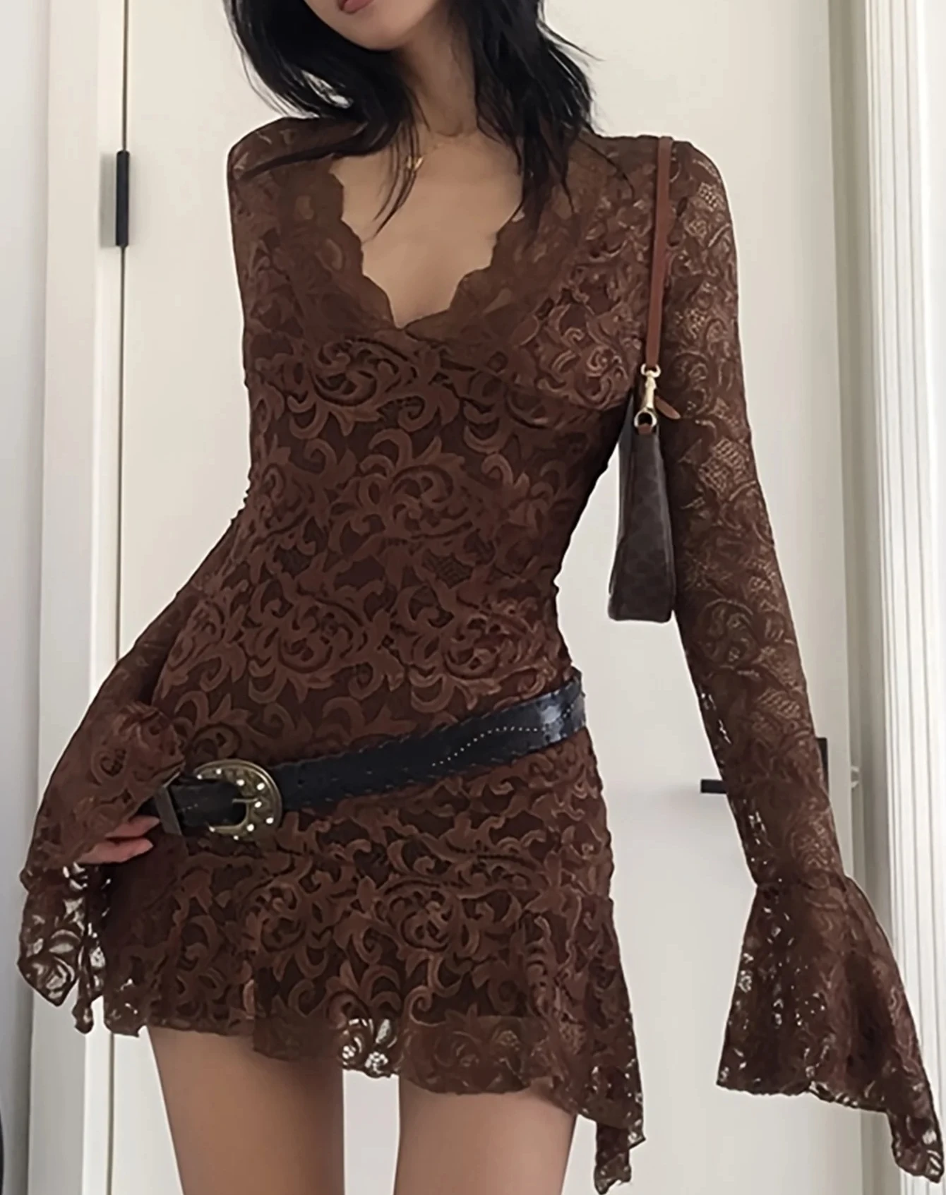 Summer  Women's Dresses Sexy Sheer Mesh Lace Bodycon Dress Flared Long Sleeve V-Neck Mini Dress