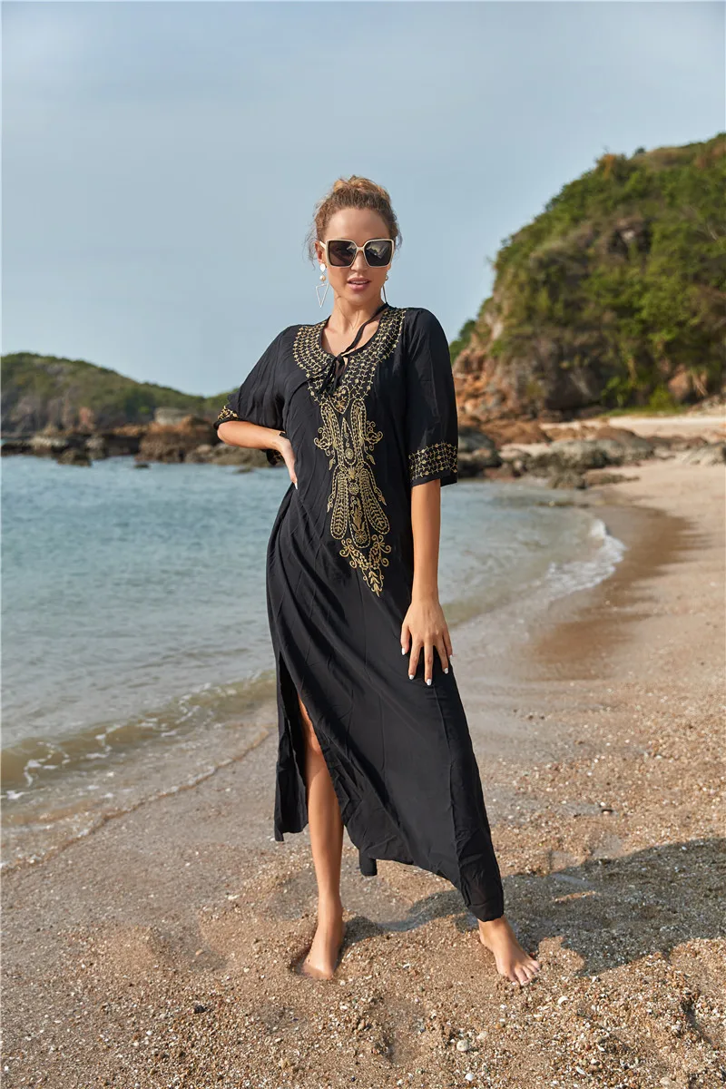 

High Quality Solid Color Soft 100% Rayon O Neck Embroidered Women Swimsuit Cover-ups Tops Hollow Out Traditional Swimwear Robe