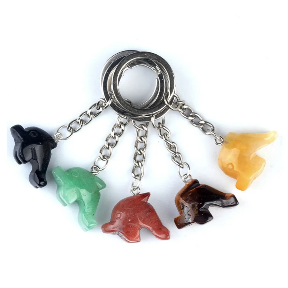 

10pcs Carving Little Dolphin Stone Key Rings Chakra Gem Animal Charms Keychains Healing Crystal Keyrings for Women Men