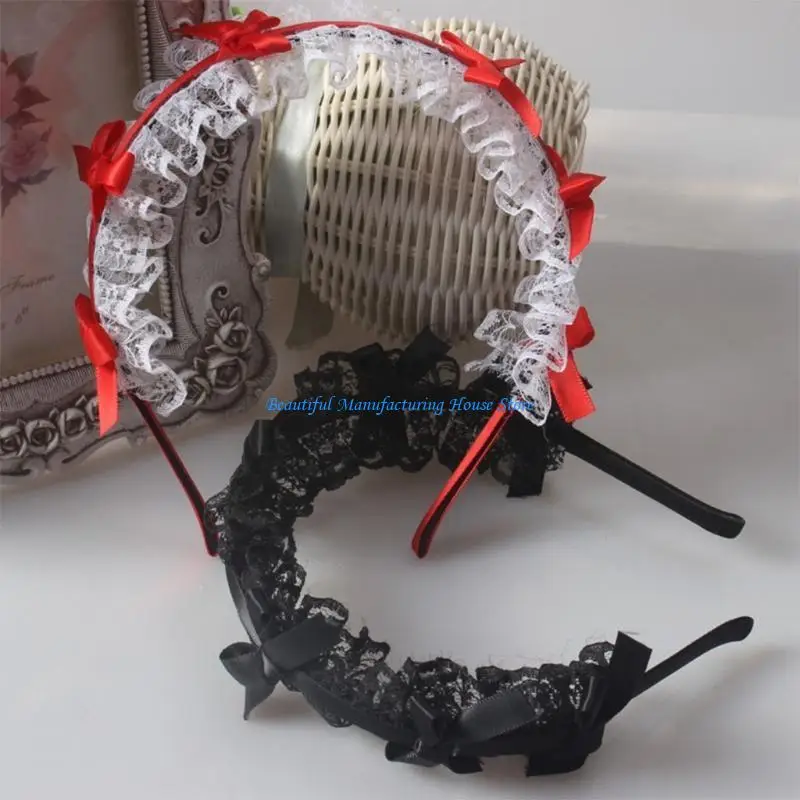 

E56A Women Mesh Lace Headdress Lovely Ribbon Bowknot Headband Maid Anime Cosplay Gothic Novelty Hair Hoop Props