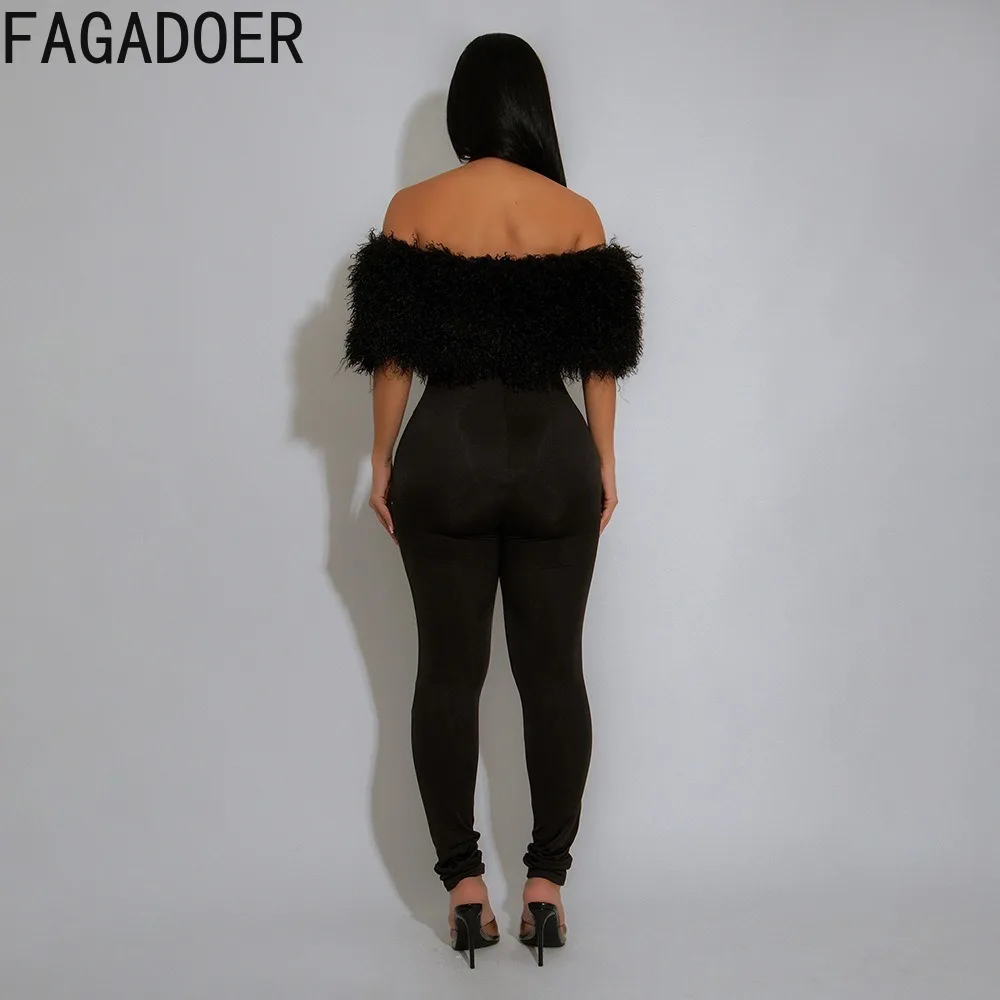 FAGADOER Sexy Fur Patchwork Bodycon Jumpsuits Women Solid Color Off Showlder Backless Rompers Female Streetwear Overalls 2025