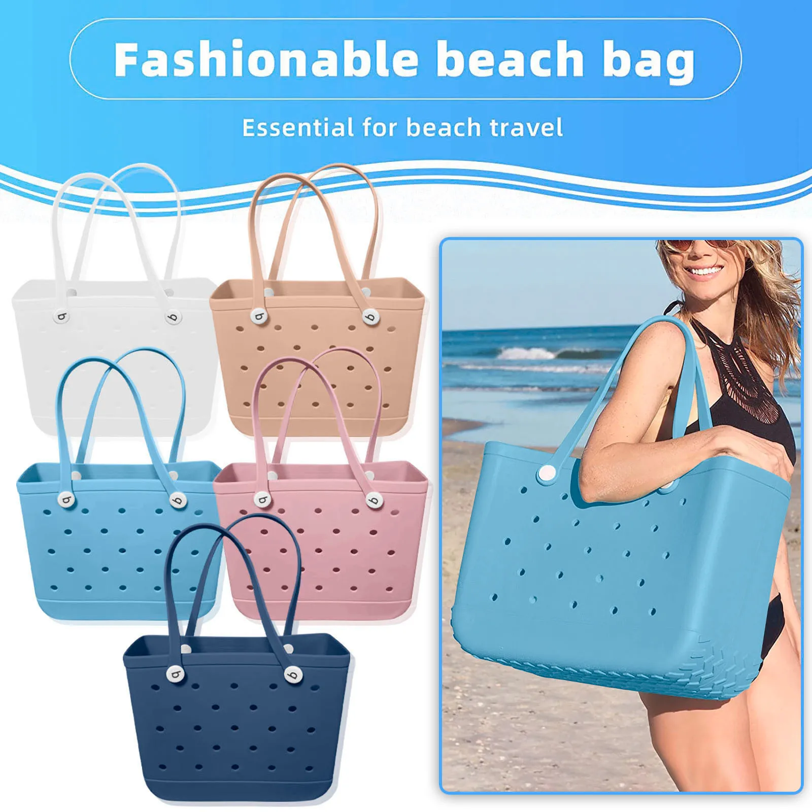 Large Boggs Beach Bag Summer Beach Basket Women Picnic Tote Bag Holes Waterproof Tote Handbag Pouch Shopping Shoulder Bag