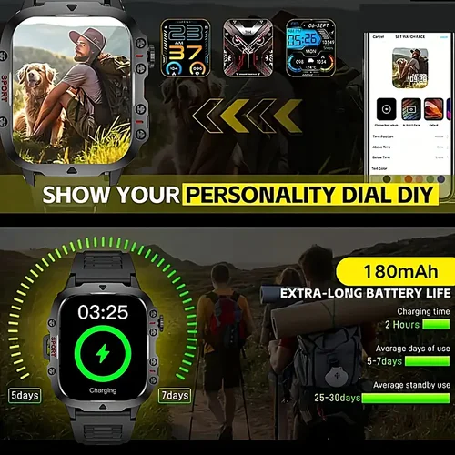 Imagen 2 del producto 2025 nuevo GPS al aire libre reloj inteligente militar hombres linterna LED IP68 impermeable ritmo cardíaco deportes Fitness Smartwatchs para Huawei