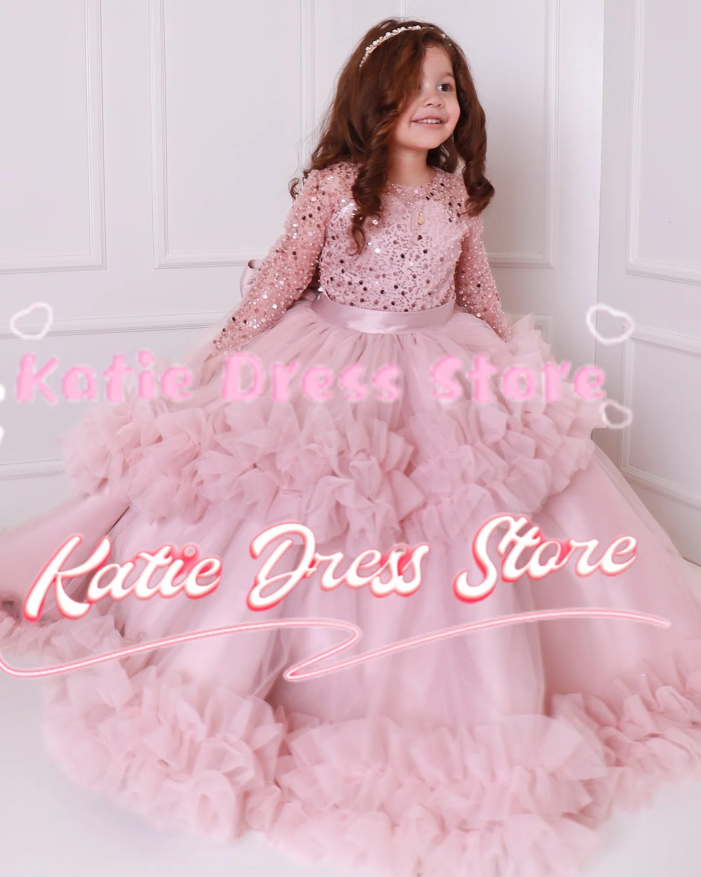 Customized Sparkling Pink Flower Girl Dress for Wedding Tulle Puffy Princess Kids Birthday Party First Communion Ball Gowns