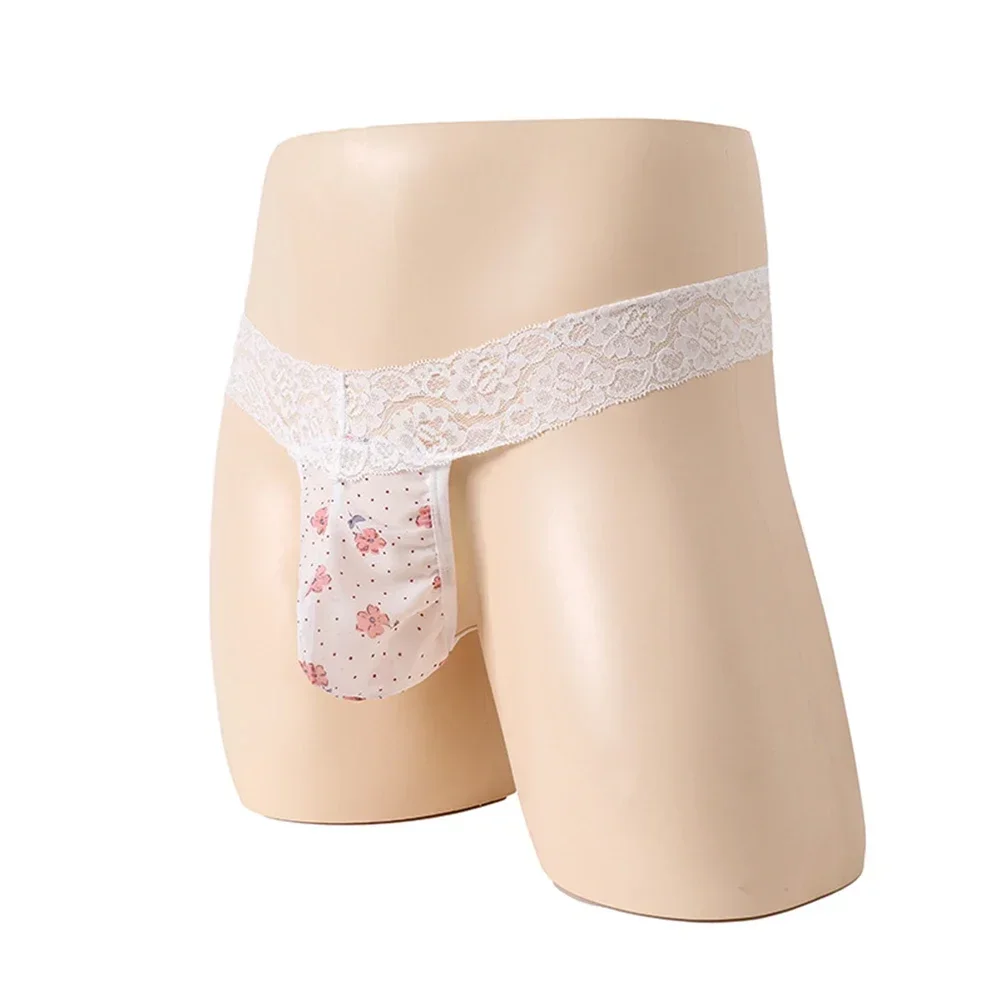 Mens Sexy Print Lace See-Through Thongs Pouch Underpants T-Tack G String Briefs Temptation Playful Transparent Soft Men Thong