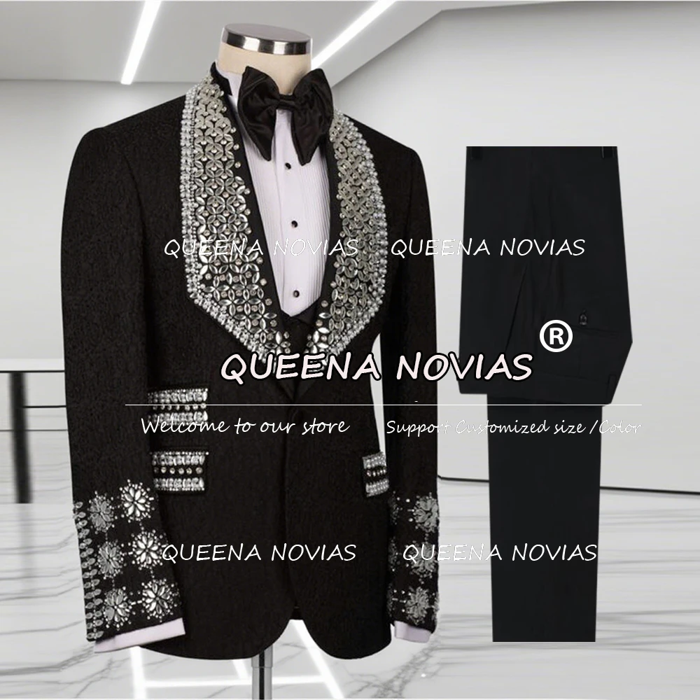

Luxury Jewelry Stones Suits Men 3 Pieces Sets Jacquard Pattern Groom Prom Blazers Customized Male Fashion Tuxedo traje de hombre