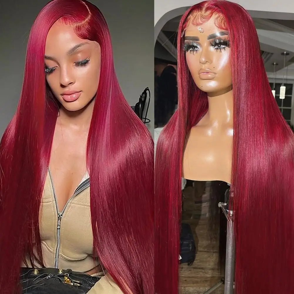 99J Straight Burgundy Lace Front Wigs Human Hair 13x4 Transparent Lace Frontal Wig Pre Plucked with Baby Hair 180% Density