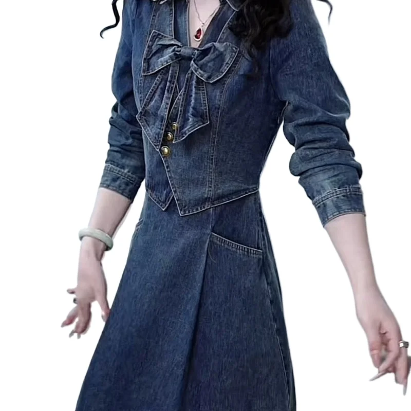 New Spring Waist Slimming Medium and Long Style Skirt New High-end Refined Temperament French Retro Age Reduction Denim Dress