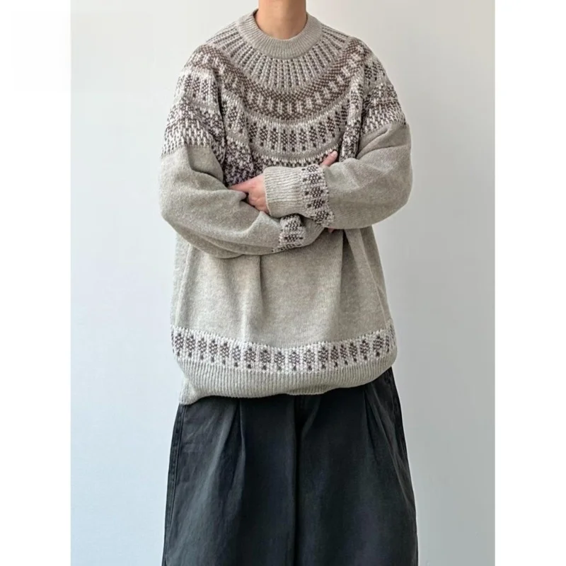 

Thiened round Ne Knitted Sweater Face Retro Japanese Sle Casual Loose Fit Long Sve Spring Autumn Men's Sweater