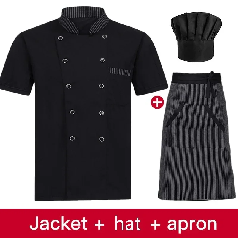Chef Jacket and Hat Apron Men Women Short Sleeve Restaurant Waiter Uniform Kitchen Cook Shirts Pastry Clothes Red
