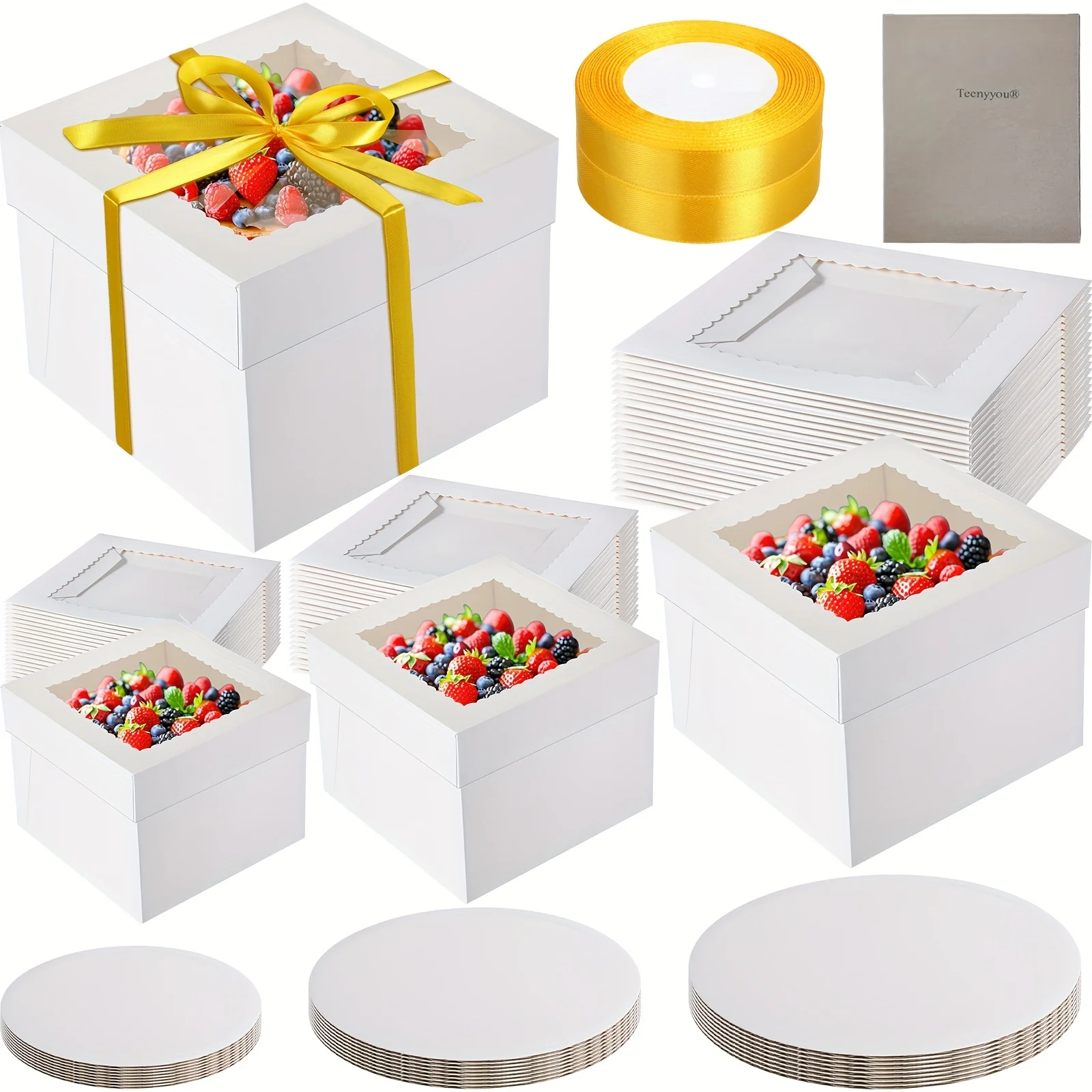 

48pcs Cake Boxes With Boards 24 Baking Boxes With Window 24 Cake Boards 2 Rolls Ribbon Large Square Baking Storage In 3 Sizes 12x12x8, 10x10x8, 8x8x8 Inch Disposable Dessert Containers