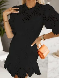 Summer Chic Lady Lace White Mini Dress Round Neck Women Hollow Out Short Sleeve Dress Summer Elegant Slim Fit Zipper Solid Dress