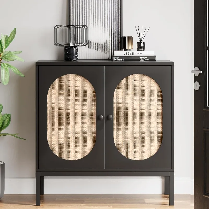 Rattan Buffet Cabinet, Storage Cabinet with Doors and Shelves, Accent Cabinet Sideboard, Black Console Cabinet with Storage