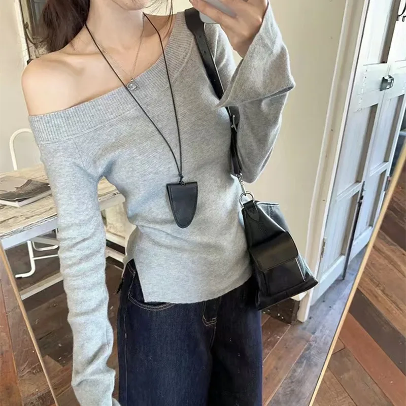 Prendas de punto lisas elegantes Y2k, suéter de punto de manga larga con hombros descubiertos, camisa de fondo ajustada, Jersey sencillo informal de otoño, Tops
