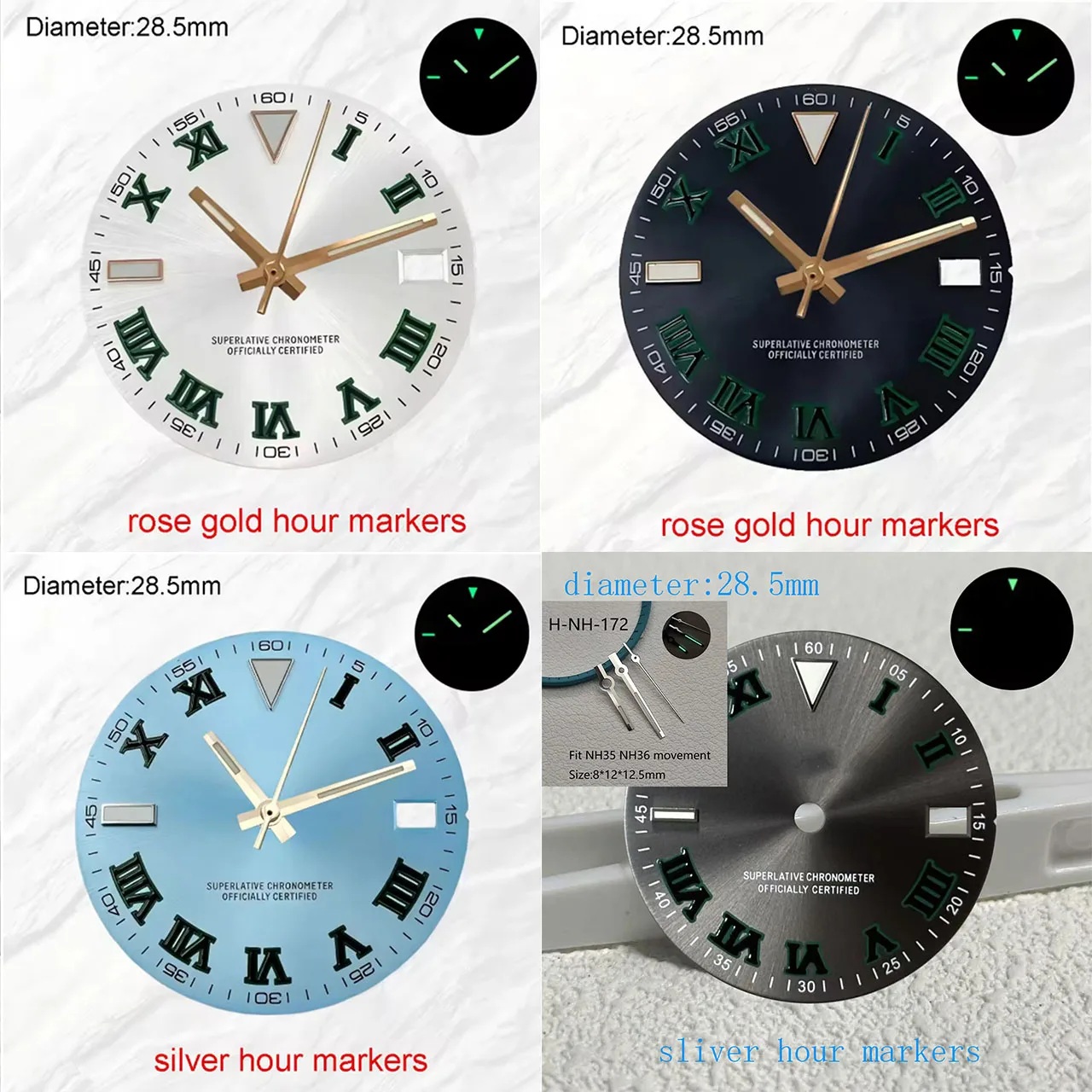 28.5mm NH35 S Logo Dial Blue Green-Gray Roman Dial For NH35 Movement Date_Just NH35 Wimble_Don S Dial M126334-0022 WatchMods