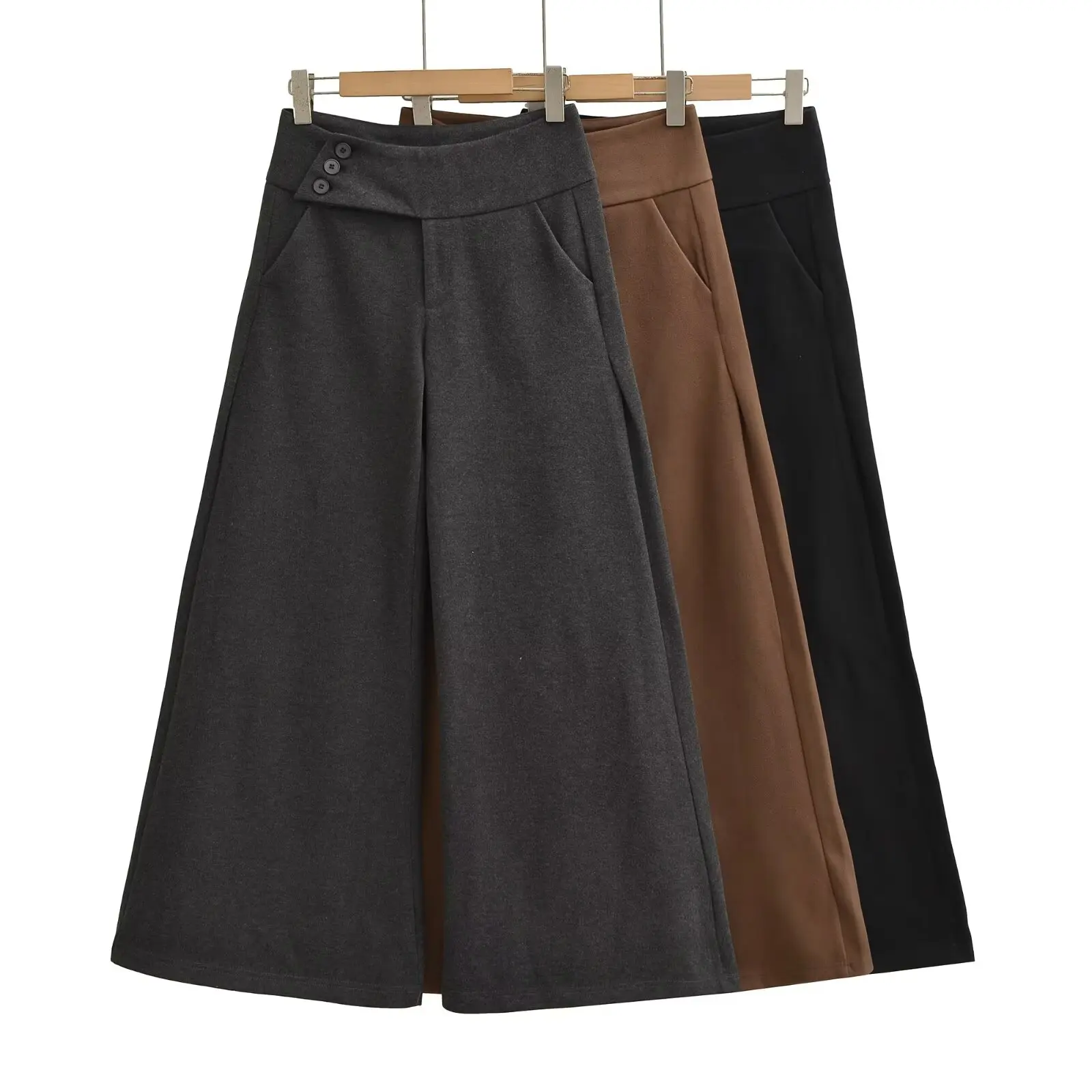 กางเกงขายาวเอวสูงทรงขากว้าง กระดุมสองเม็ด ผ้าพลิ้ว สไตล์ลำลอง ใส่ทำงาน ช่วยพรางหุ่น วินเทจ แฟชั่นผู้หญิง สำหรับฤดูใบไม้ร่วงและฤดูหนาว