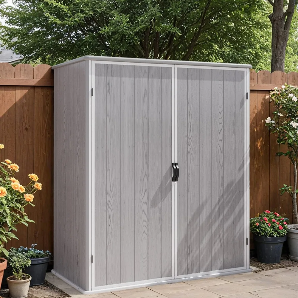 

5x3 FT Outdoor Storage Shed with Floor, Plastic Vertical Storage Cabinet with Lockable Doors for Garden, Pool Storage,