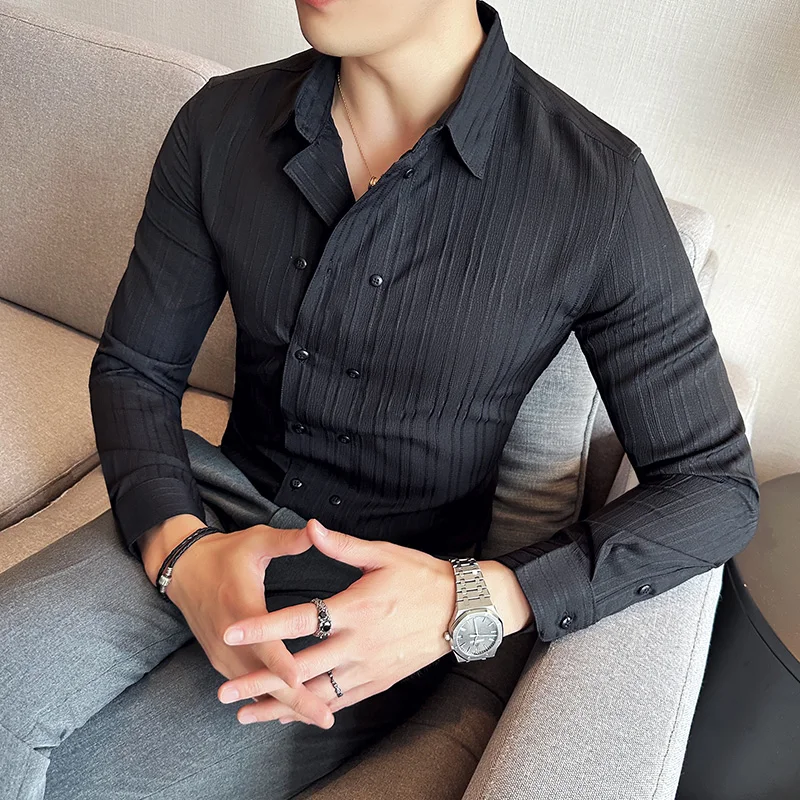 British Style Men Double Breasted Shirt 2023 Autumn New Long Sleeved Striped Slim Fit Shirts Formal Business Social Party Tuxedo