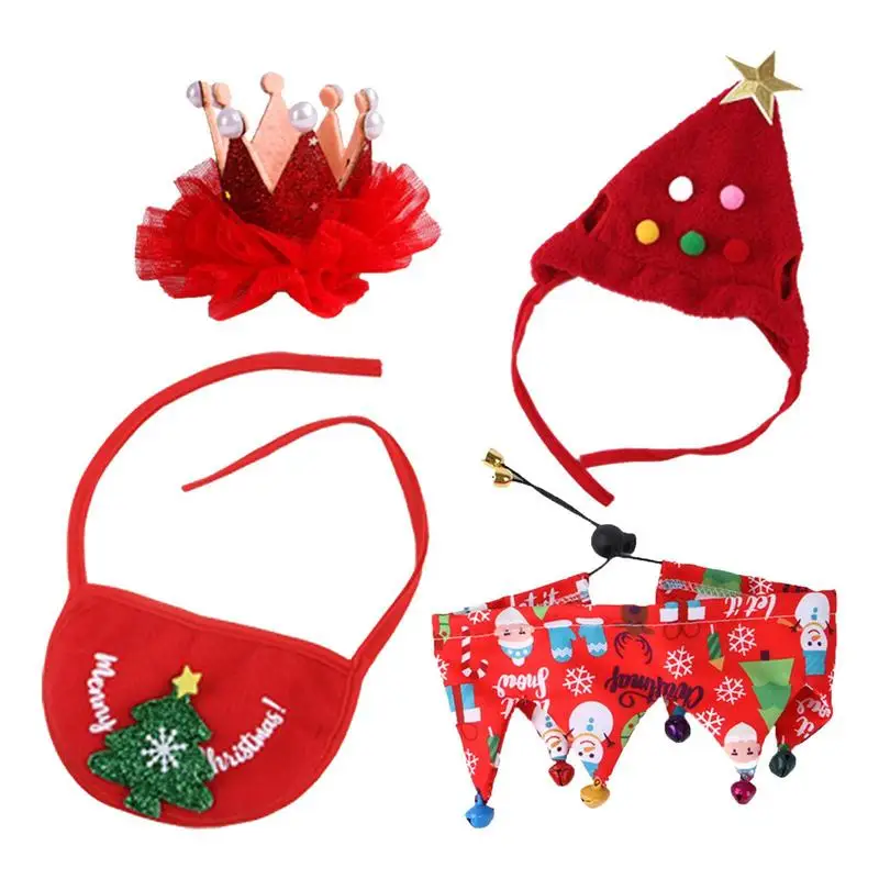 Cat Christmas Outfit 4 PCS Pet Clothing Dog Outfits Cat Costume Christmas Cute Costume Suit Christmas Hats Funny Scarf Bibs Hair